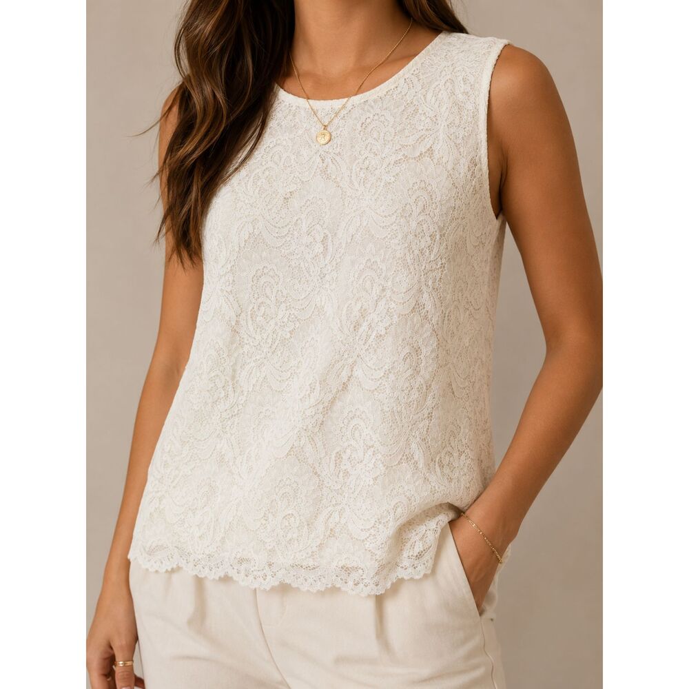 Worthington Ivory Lace Sleeveless Blouse L Elegant Floral Scallop Romantic Top